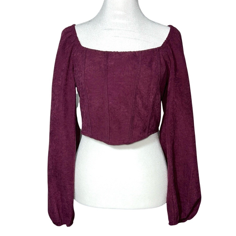 Kirious Elegant Magenta Crop Top Long Puff Sleeves Smocked Back Size M